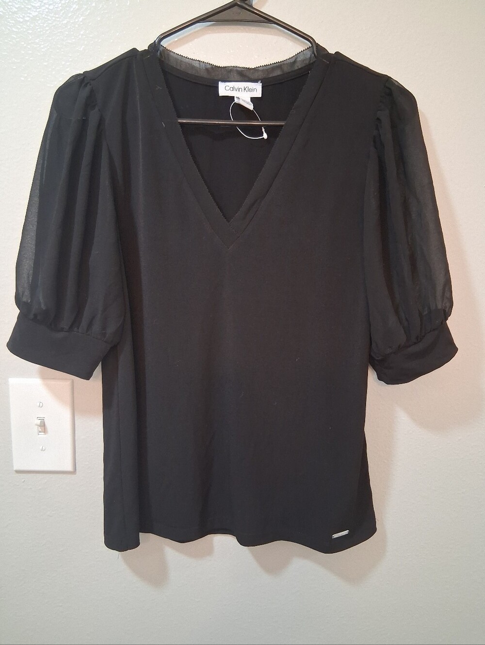 Calvin Klein Black V-Neck Puff Sleeve Blouse